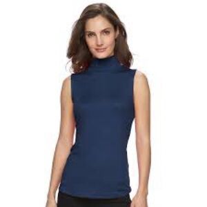 Medium Sleeveless Navy Blue Lightweight Cotton Turtleneck Top Luxe Vintage